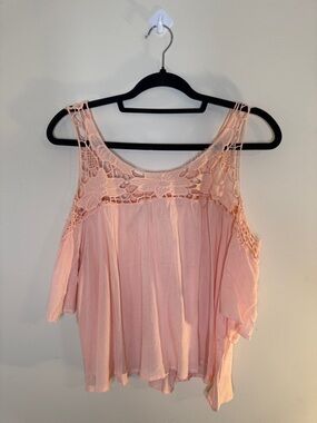 Haute Monde Blush Pink Crochet Yoke Cold-Shoulder Tank